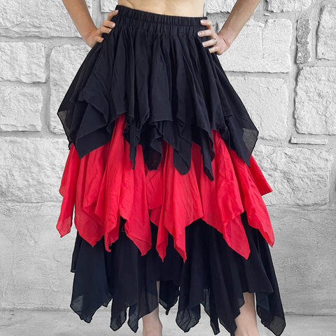 'Fay' Ragged Cut Long Fairy Skirt - Red/Black