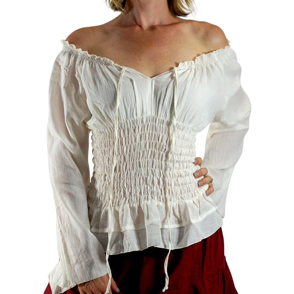 Long Sleeve Peasant Blouse - Cream - zootzu