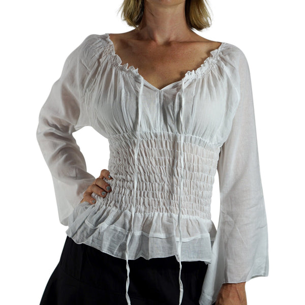 Long Sleeve Peasant Blouse - White - zootzu