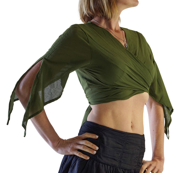 'Wrap Around Crop Top' Gypsy Pirate Shirt - Green - zootzu