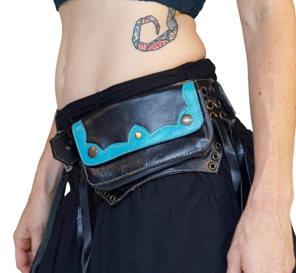 'Lill' - Boho Leather Utility Belt -  Black/Teal - zootzu