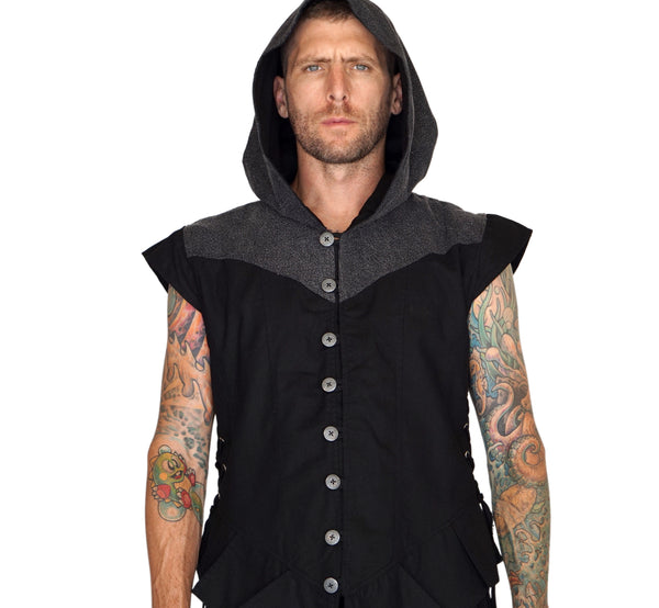 'Hooded Doublet' Steampunk Vest - Black/Stone Black - zootzu