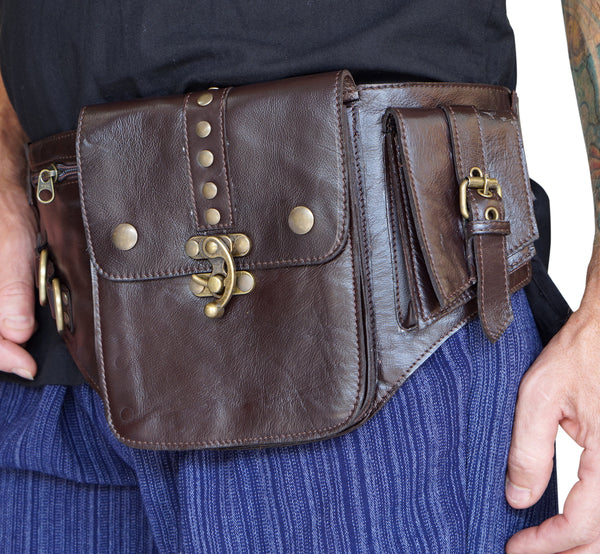 'Satchel Swing Latch' Medieval Leather Utility Belt, Boho  - Brown - zootzu