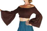 'Pixie Shirt' Womens Belly Showing Top Peasant Blouse - Brown