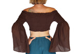 'Pixie Shirt' Womens Belly Showing Top Peasant Blouse - Brown