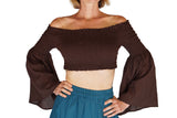 'Pixie Shirt' Womens Belly Showing Top Peasant Blouse - Brown