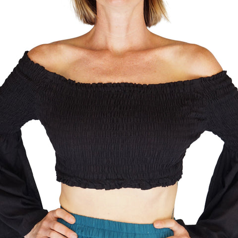 'Pixie Shirt' Womens Belly Showing Top Peasant Blouse - Black