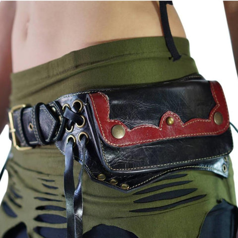 'Lill' - Boho  Leather Utility Belt -  Black/Red