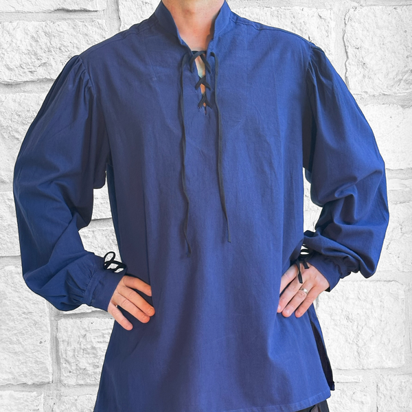 'Merchant' Renaissance Shirt High Collar - Dark Blue'