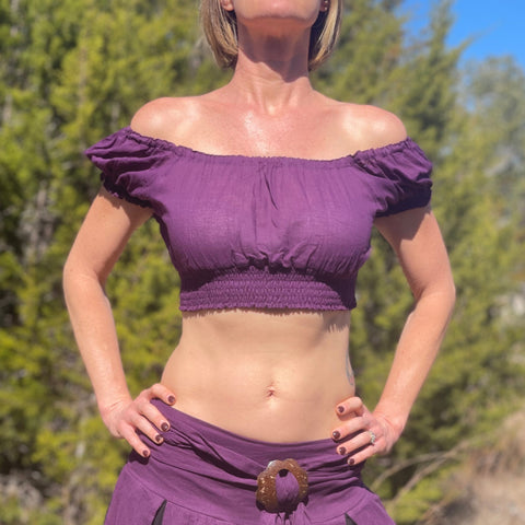 'Peasant Crop Top' Belly Showing Blouse - Dark Purple